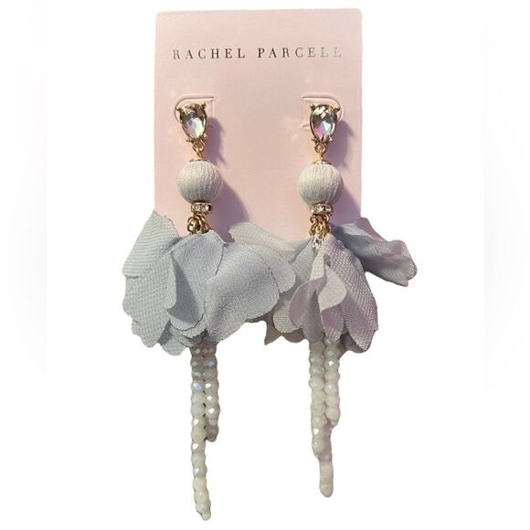 NWT Rachel Parcell Organza Flower Beaded Linear Statement Earrings In Blue - Picture 1 of 3